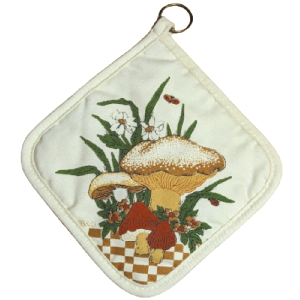 Vintage Mushroom Pot Holder Ladybug Daisies 70s VTG Quilted Kitchen Boho Retro